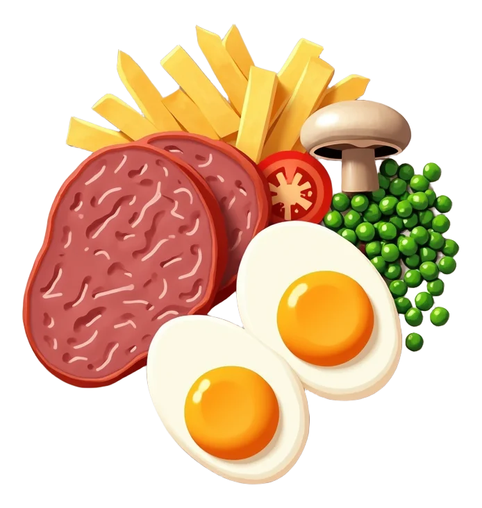 10oz Gammon and Eggs - with Peas, Tomato, Mushroom, Chips