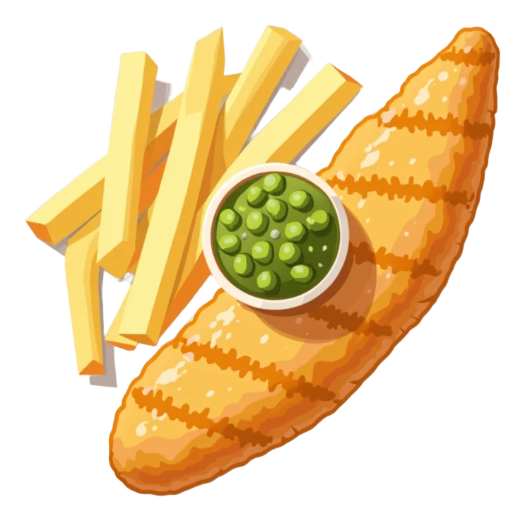 Grilled Fish & Chips - mushy peas.