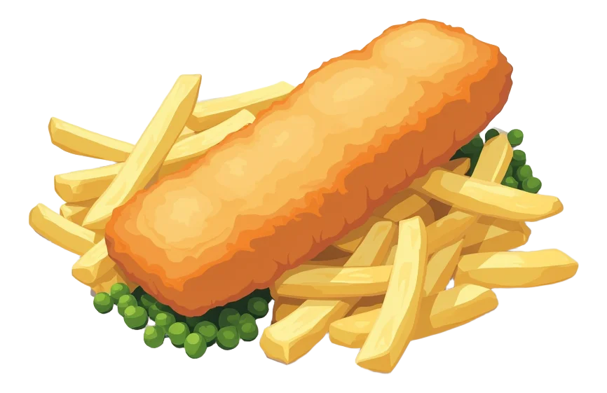 Freshly Battered Fish and Chips - Cod Fillet, Peas